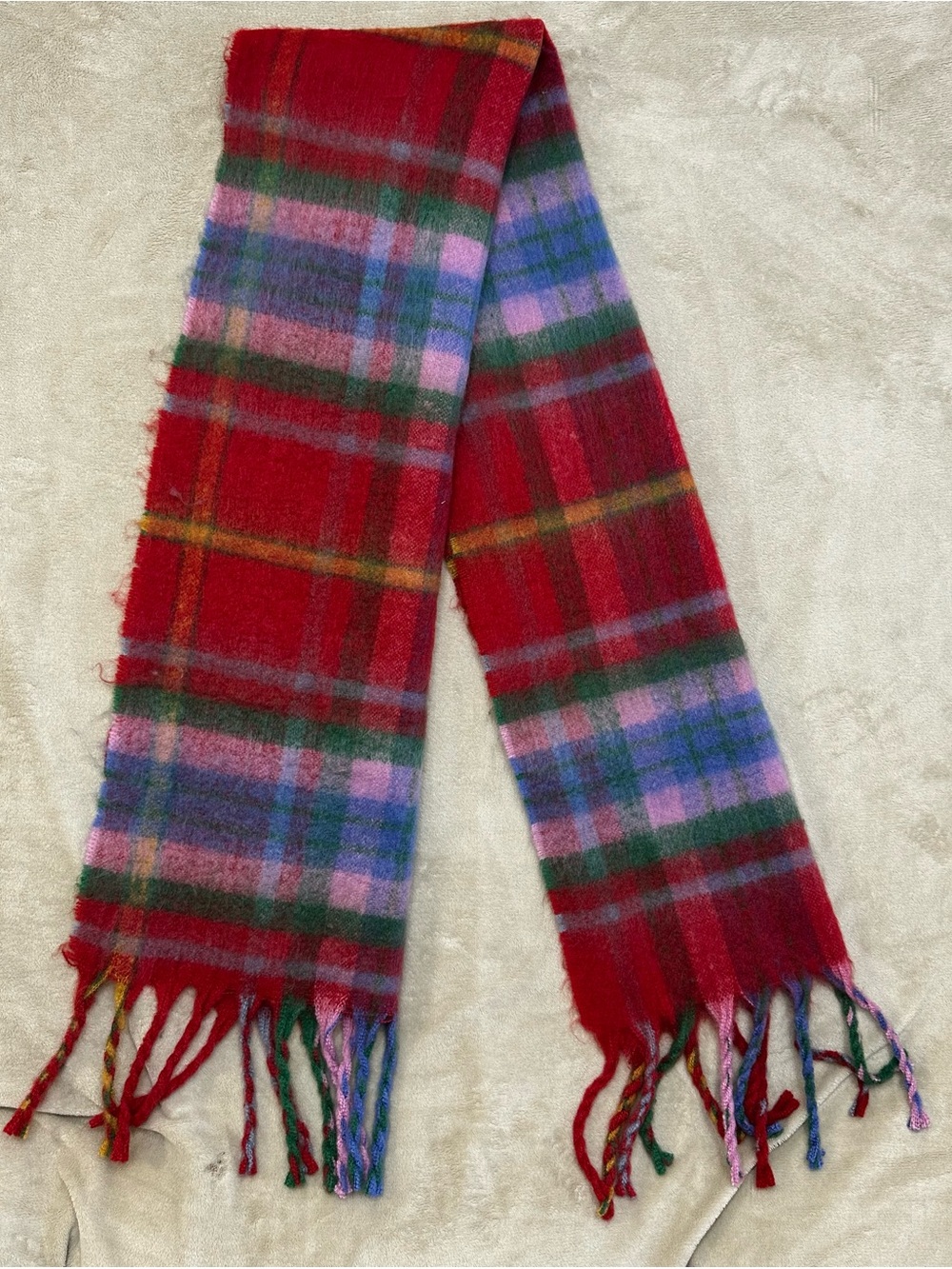 Vintage Mohair Plaid Scarf Red Pink Blue Tartan Check Fringe Warm Winter